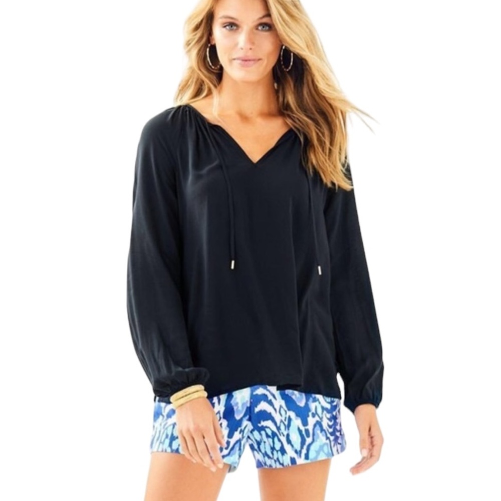 Lilly Pulitzer Willa Onyx Black Tie Neck Blouse - S